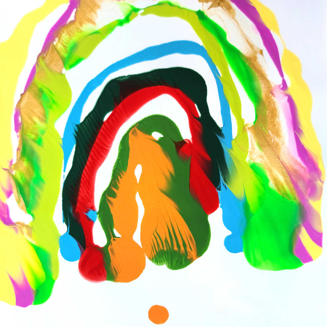 Painting of a rainbow with yellow, magenta, green, blue, black, red and orange.