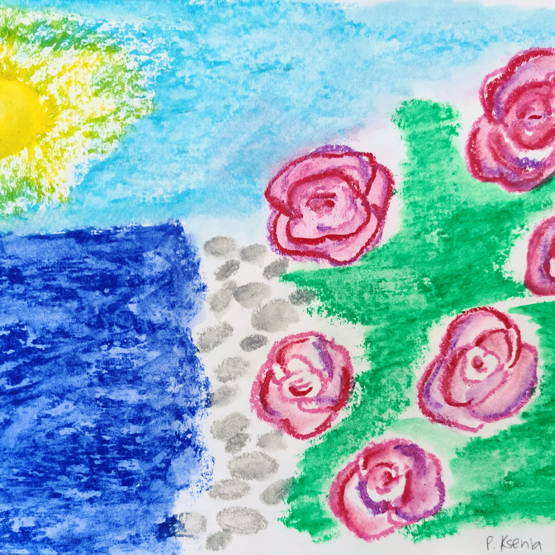 Pastel illustration of a landscape with a yellow sun in the top right corner, blue ocean and green field with pink roses.