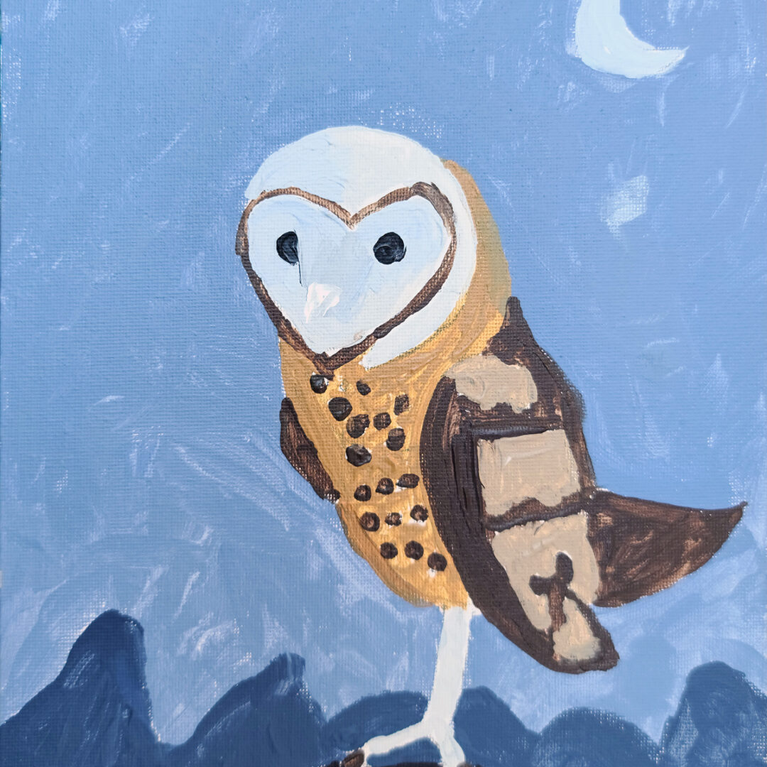 Painting of an owl in front of mountains and a moonlit sky.
