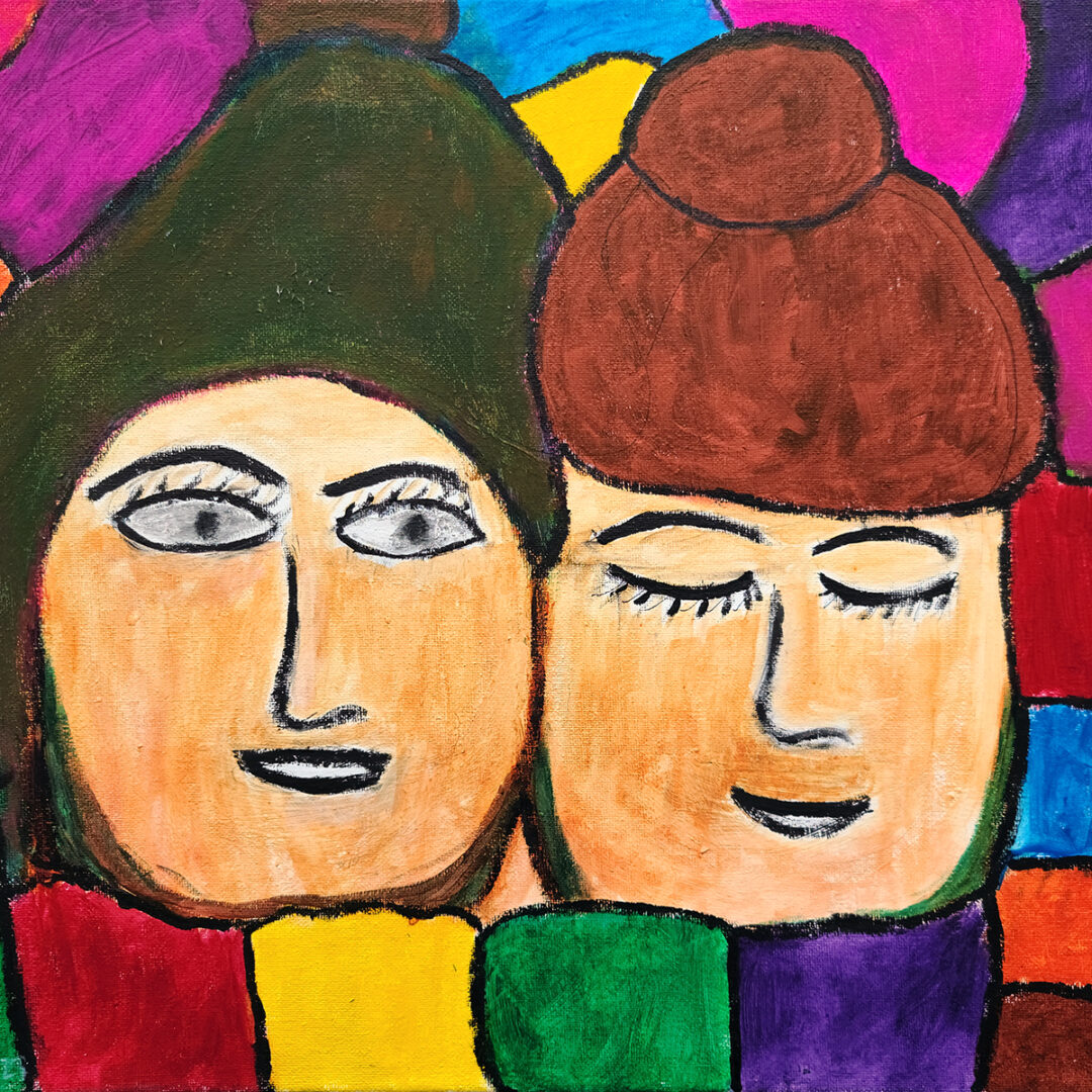 A painting of two faces, the one on the left with their eyes open toward the viewer and the one on the right with their eyes closed downward. The faces are surrounded by tiles in varying colours.