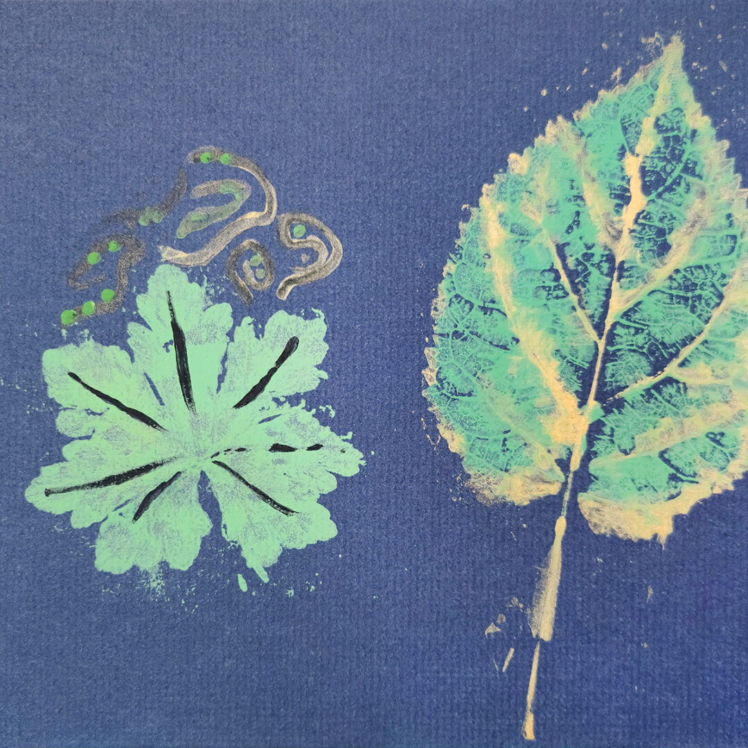 Painting with imprint of two leaves in green on a blue background.