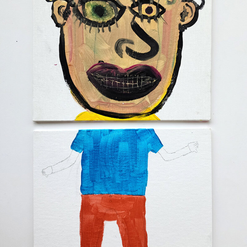 Painting of human figure divided into two canvases. Top canvas has painting of a face in beige and black, bottom canvas has the body with a blue t-shirt, red pants and purple shoes.