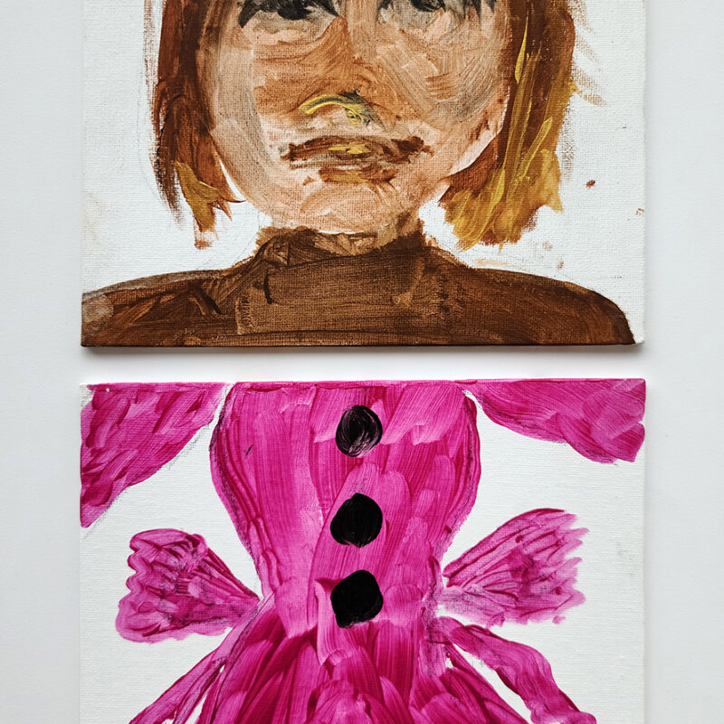 Painting of human figure divided into two canvases. Top canvas has painting of a woman's face with golden hair, bottom canvas has the body with a pink dress with black buttons.
