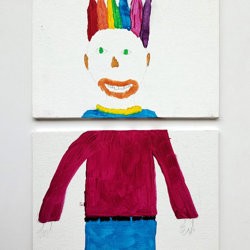 Painting of human figure divided into two canvases. Top canvas has painting of a white face with red features with rainbow spiked hair, bottom canvas has the body with a maroon long sleeve shirt, blue pants and black shoes.
