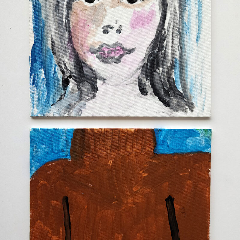 Painting of human figure divided into two canvases. Top canvas has painting of a face in black, pink and blue strokes, bottom canvas has a brown turtleneck with blue background.