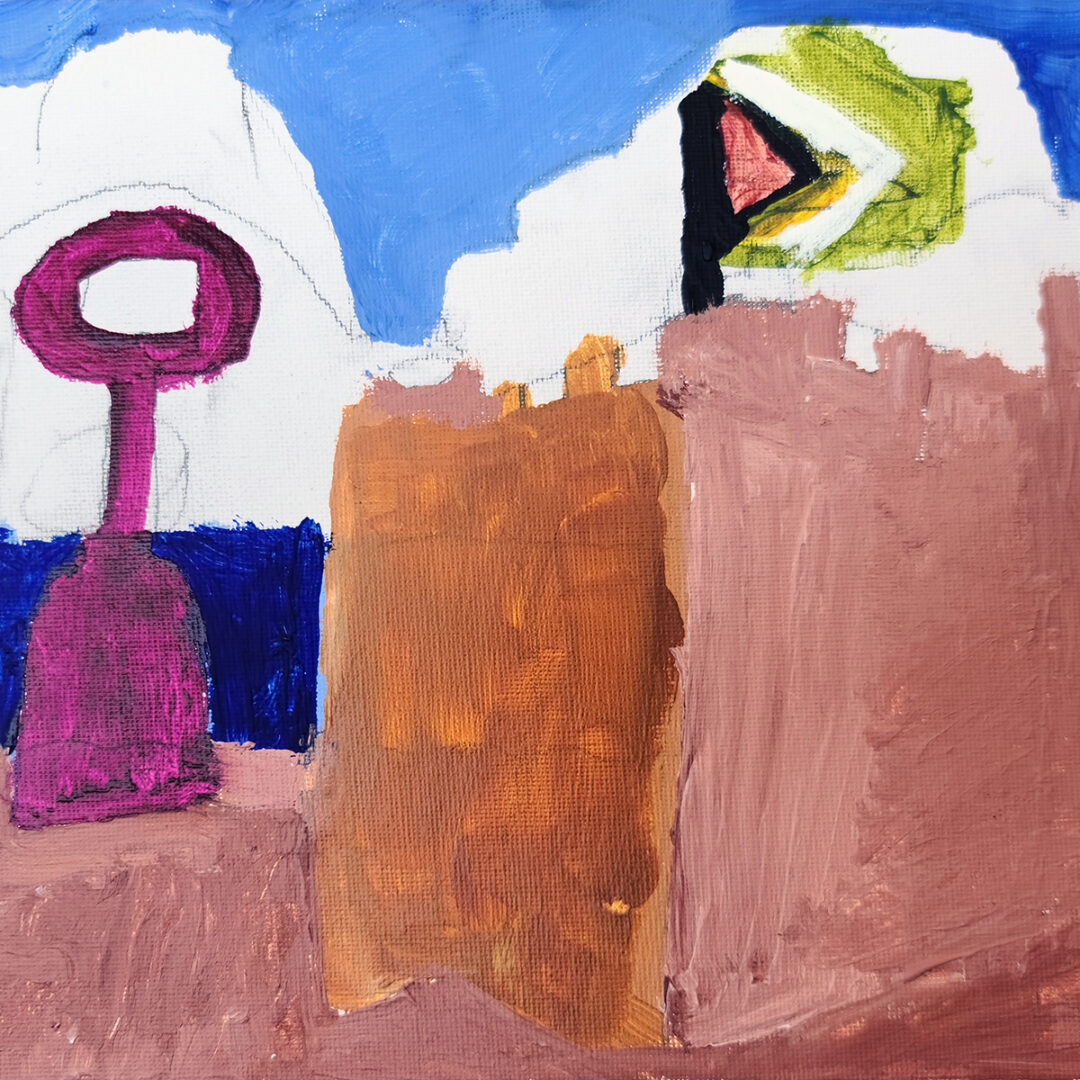 Painting of a sandcastle on a shore with a magenta shovel beside it.