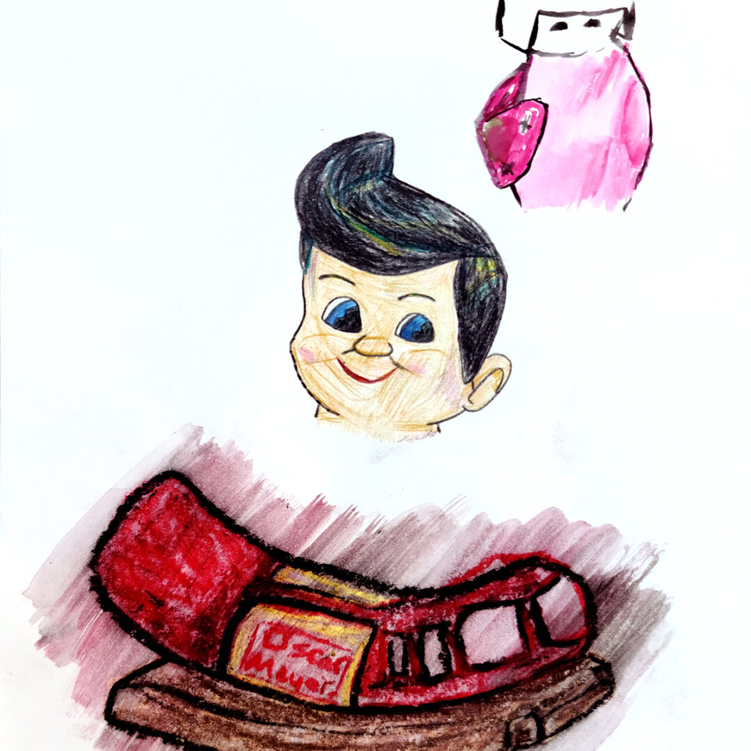 Illustration featuring a pink abstract shape, a boys face and an oscar meyer hot dog.