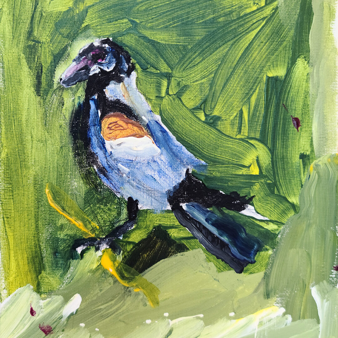 Painting of a blue bird on a green background done with wide strokes.