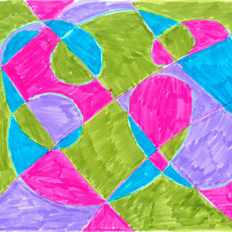 Abstract marker illustration in magenta, cyan and green. A grid with an organic shape overlaid is coloured in alternating colours.