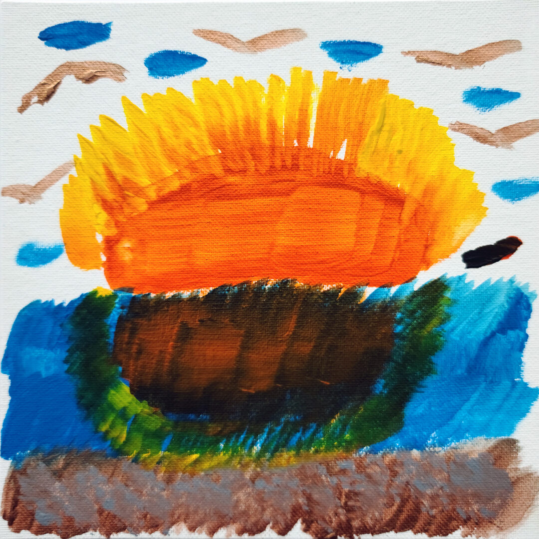 Abstracted painting of a sunset. Blue dots and gold strokes fill the background, a bright orange sun in the foreground and below are strokes of blue and green.
