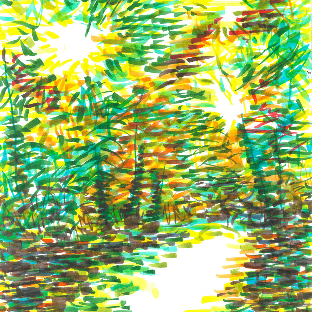 Abstract marker illlustration composed of many small strokes of green, yellow and orange. The strokes form three white circles and a blank pathway at the bottom.