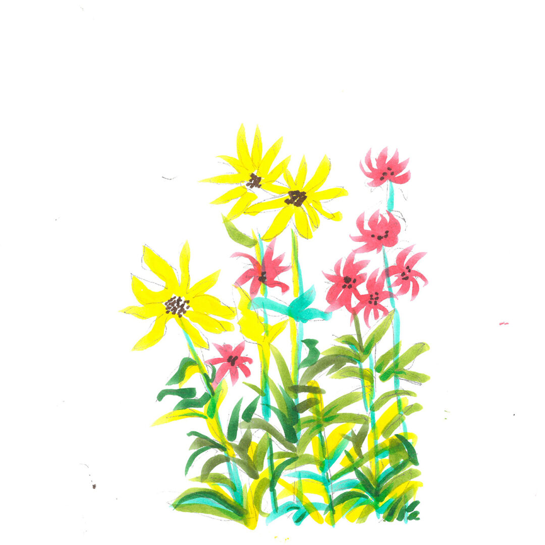Marker illlustration of flowers in yellow and pink with green stems and leaves. The flowers are lined with a thin black marker.