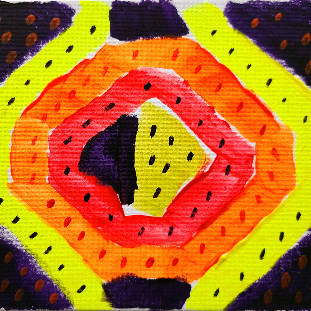 Abstract painting of a diamond shape with four borders. The borders are painted in red, orange, yellow and purple, with each border having a line of dots through it.