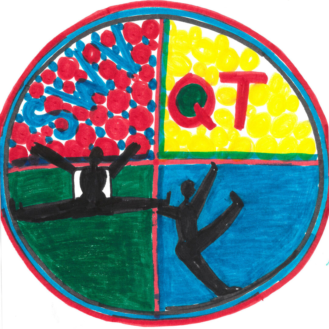 Marker illustration of a circle divided into four quadrants. Top left is filled with red and blue dots with the letters SWV inside. Top right is filled with yellow circles and the letters QT in red. Bottom left has a black silhouette of a person jumping with a green background. Bottom right has a black silhouette of a person with their leg in the air on a blue background.