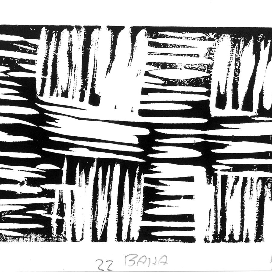 Abstract linocut print in black and white composed of stripes in different directions.