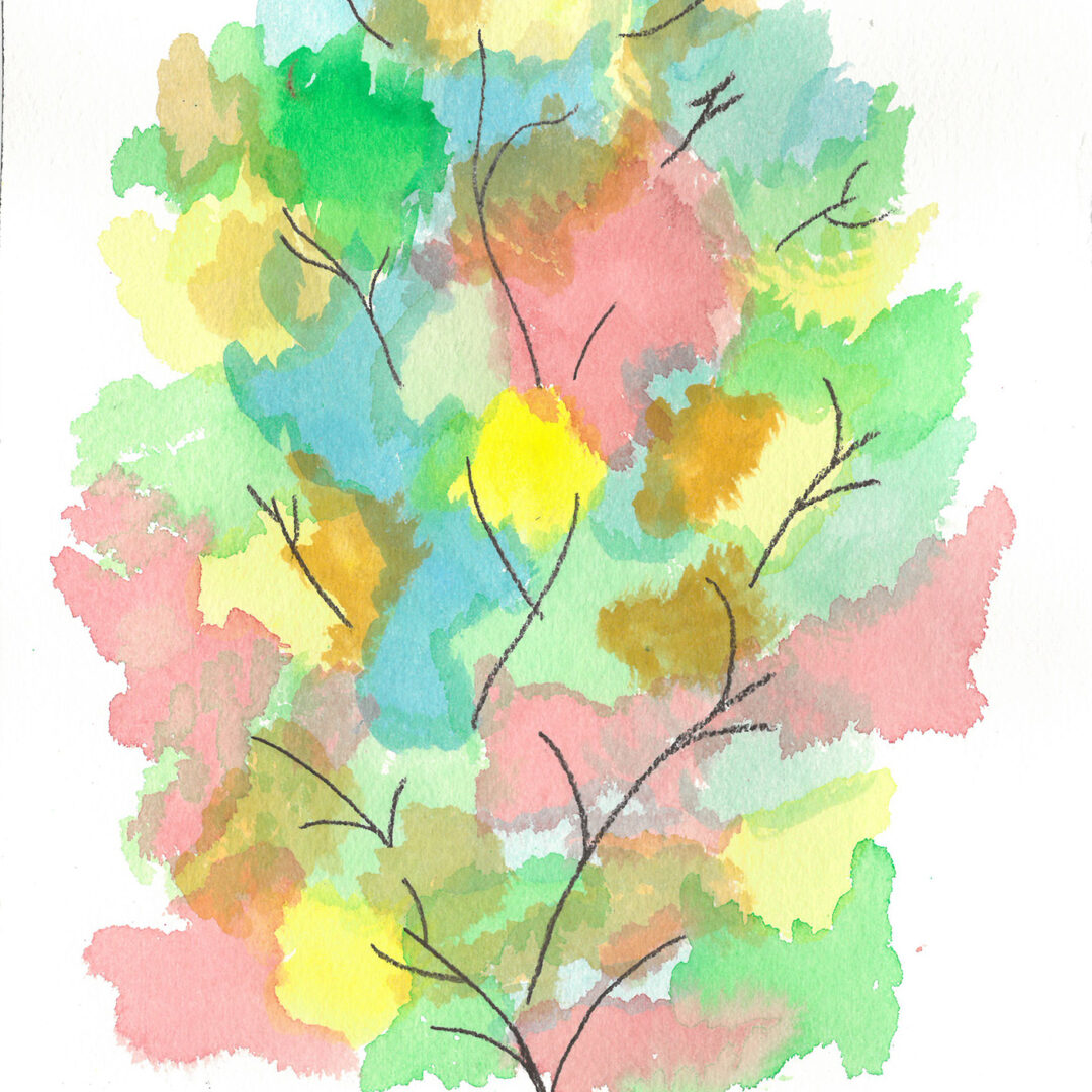Blobs in an array of colours connected by twig like lines to form a tree.