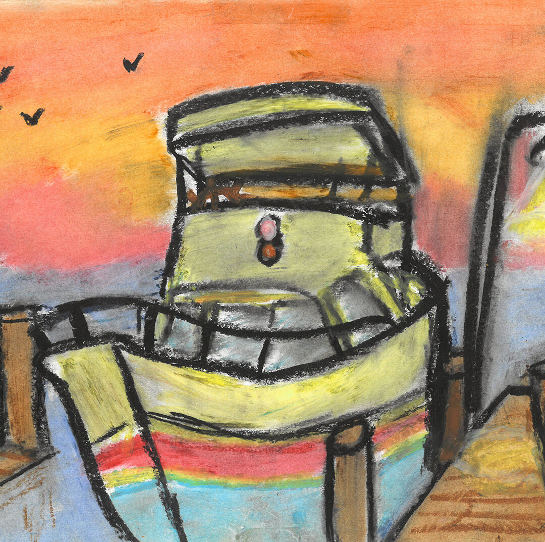 Pastel illustration of a docked boat with a sunset in the background.