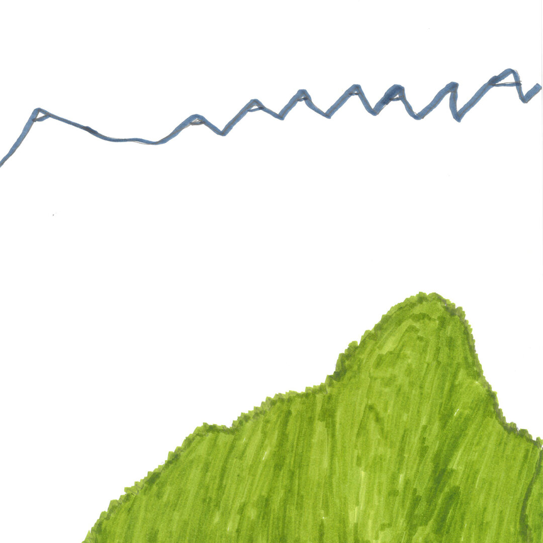 An abstract marker illustration of a green mountain with a grey mountain range on the horizon.