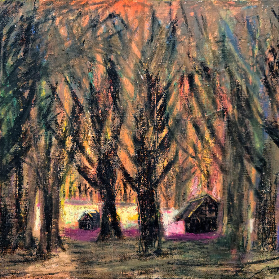 A forest scene with black, barren trees and small houses in front of an orange sky.
