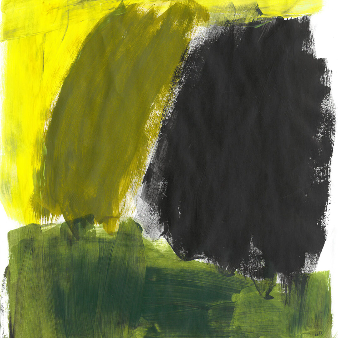 Abstract painting composed of large, roughly painted rectangles in black, brown, green and yellow.
