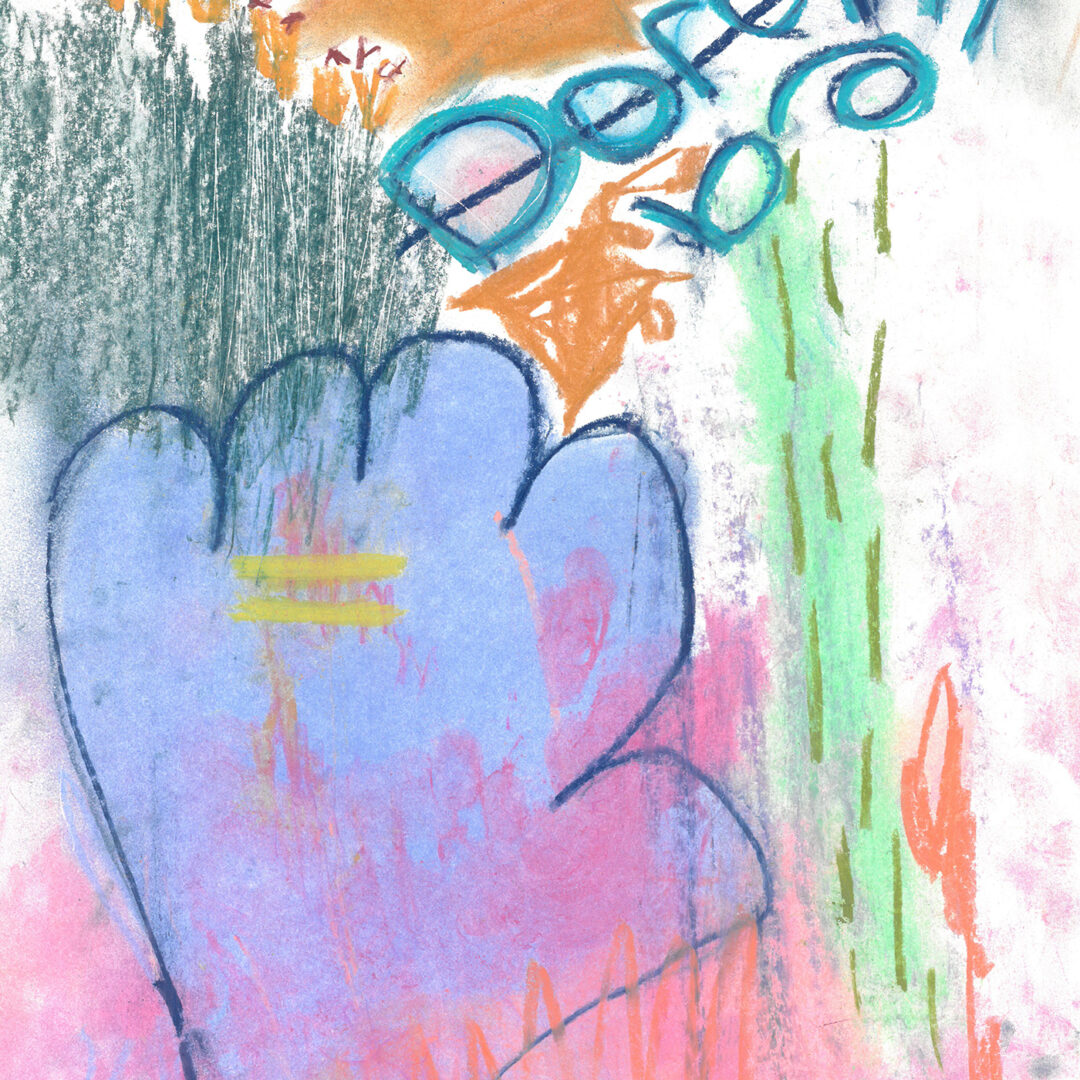 Abstract pastel illustration featuring a large blue hand in the bottom left corner, the name Dorothea, red hearts on an orange background at the top with dark black strokes below and green strokes on the right side.