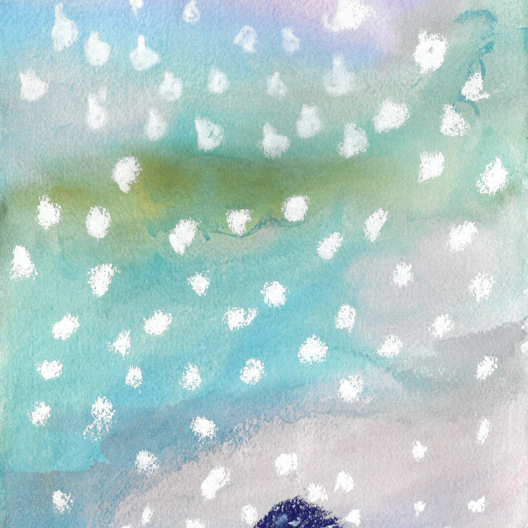 Haze of watercolours blended together in blue and green with white dots overlayed throughout. A small face illustration sits at the bottom beside the artists signature.