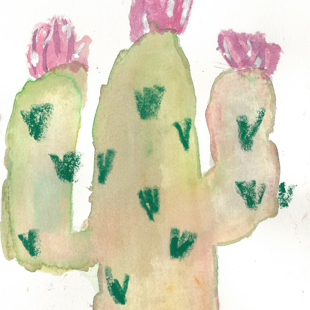 Watercolour painting of a cactus with three arms with pink flowers on top and dark green hairs.