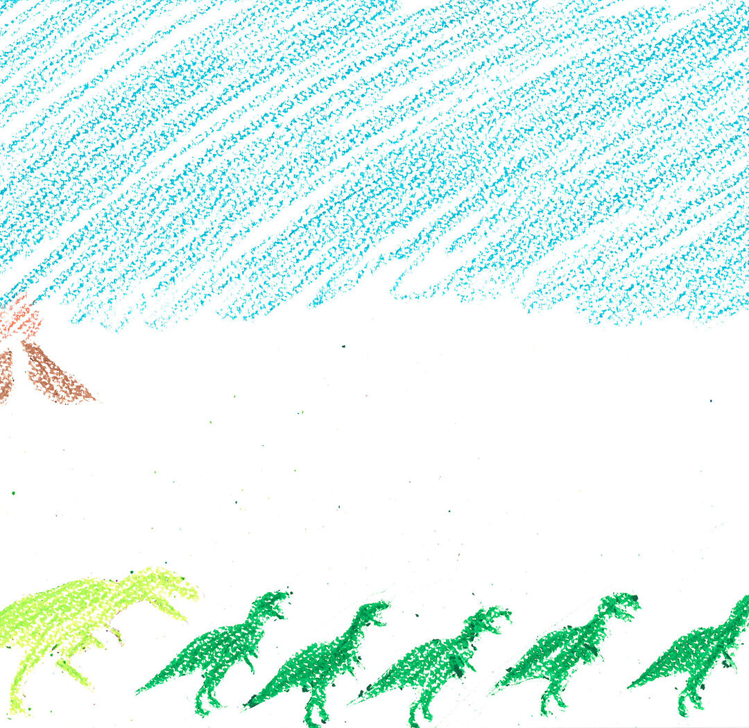 Oil pastel illustration of green dinosaurs in front of a blue sky.
