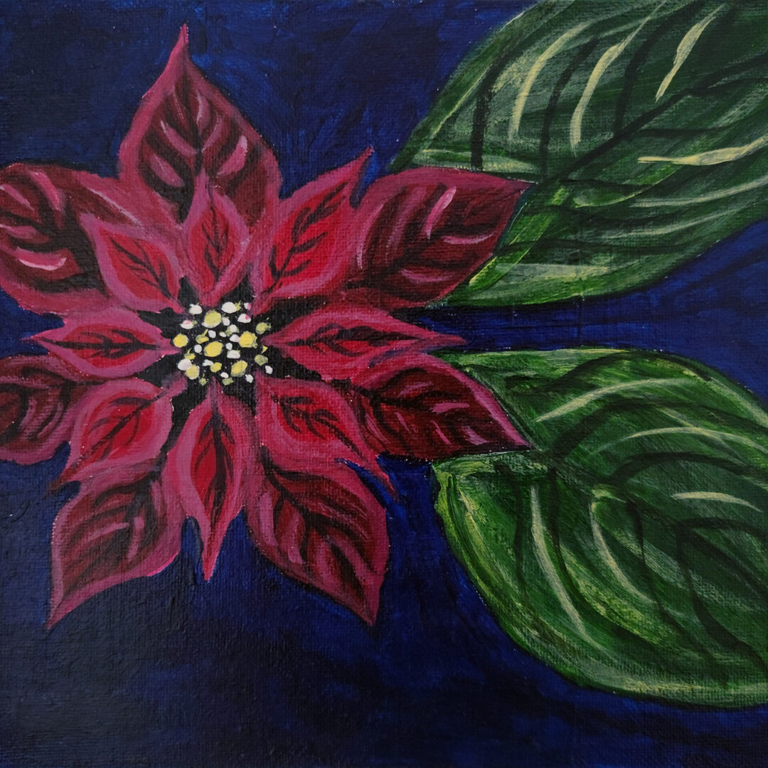 Acrylic painting of a poinsettia flower on a dark blue background.