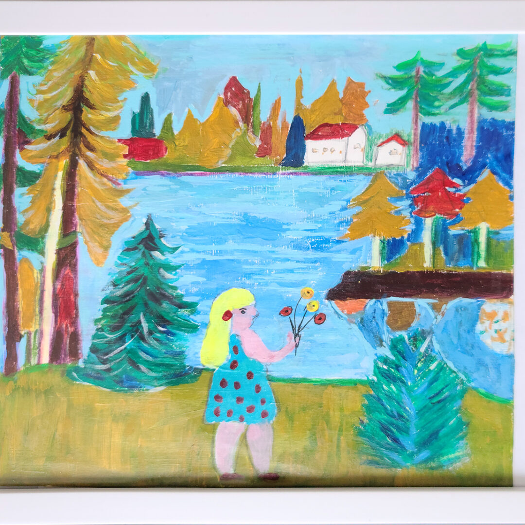A painted scene of a little blonde girl in front of a lake painted in vibrant colours. There are trees in green, orange and red surrounding a bright blue lake with houses in the background.