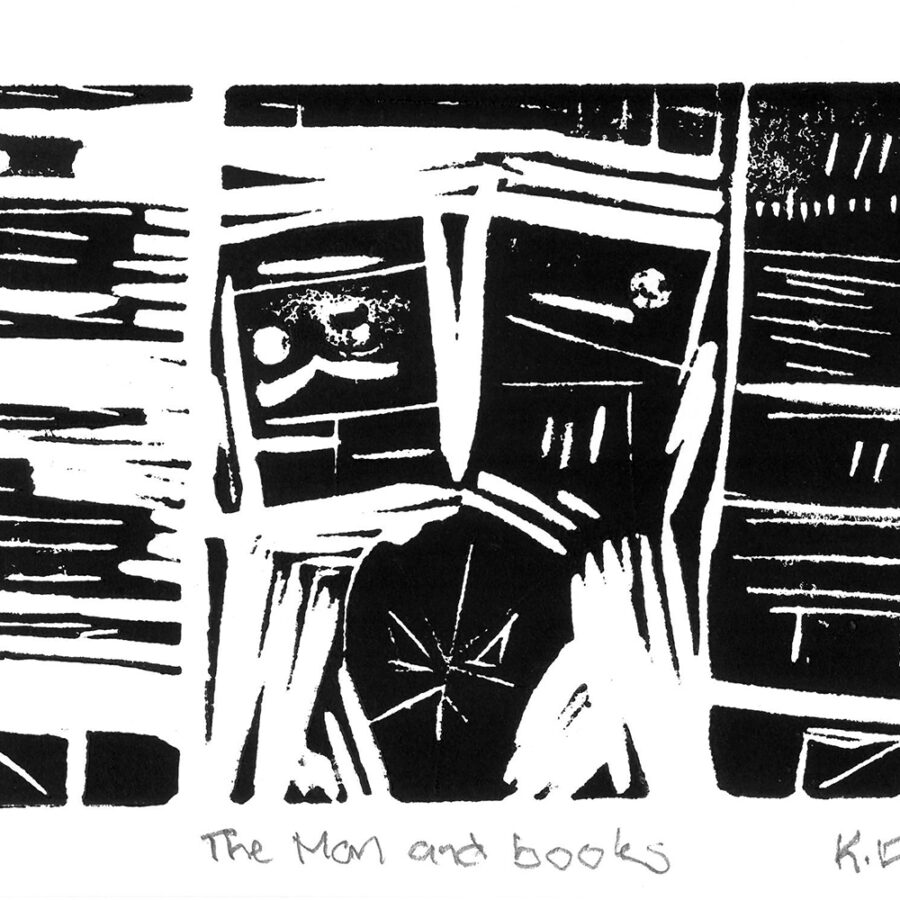 Linocut print of three vertical panels, the first filled with horizontal hatches, the second of two books atop a head, and the last with more horizontal hatches.