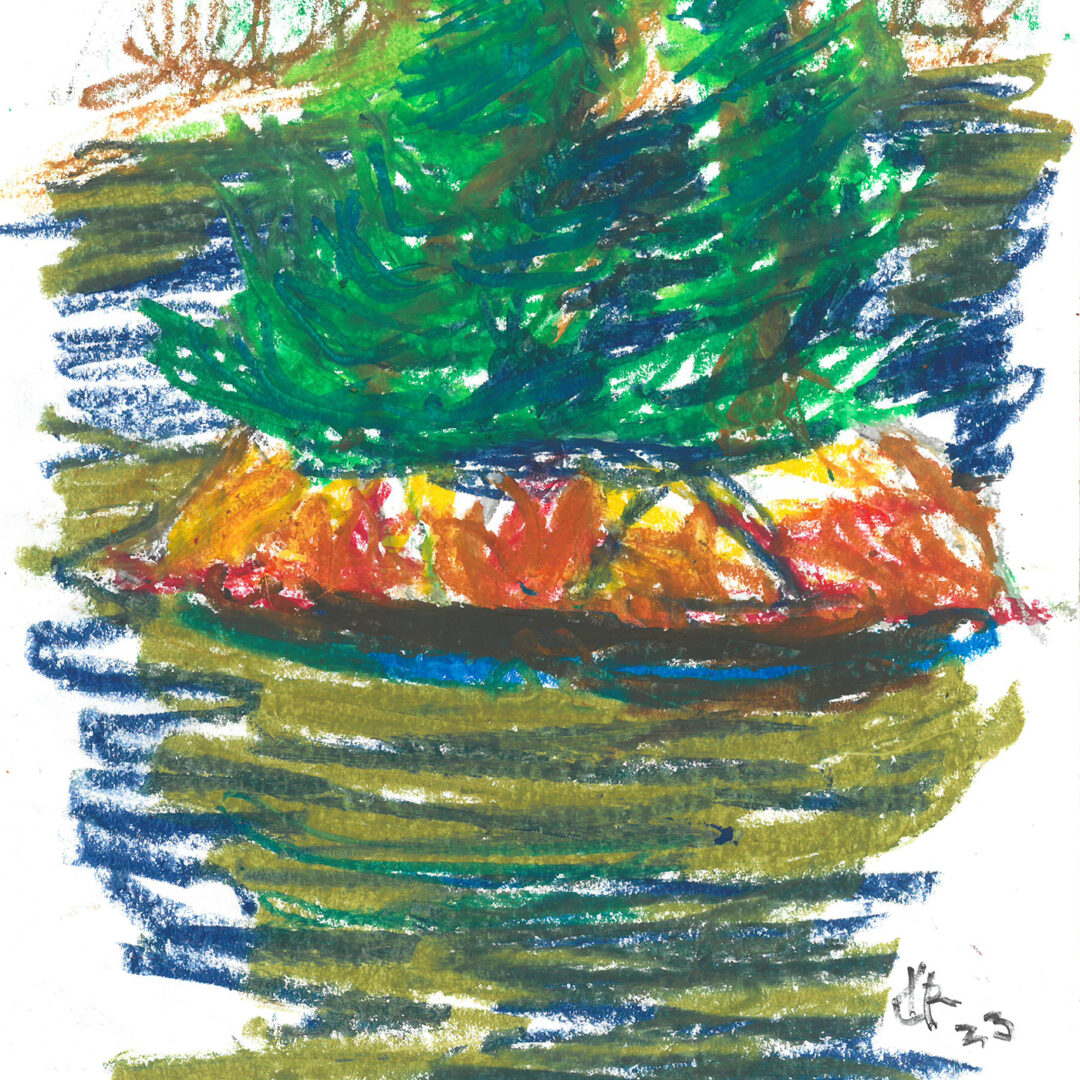 An oil pastel illustration consisting of squiggles of green, orange and blue.