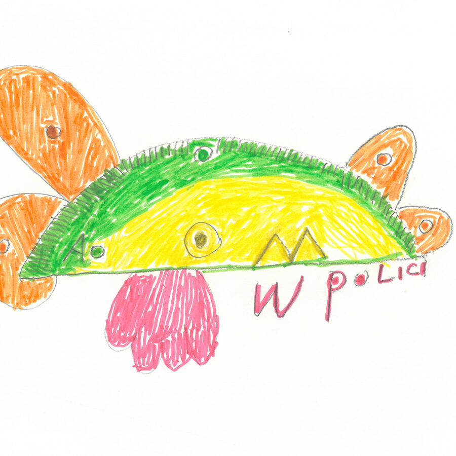 An abstract illustration of a turtle consisting of a semi-circle body in yellow and green with orange arms and legs and a pink protrusion below.
