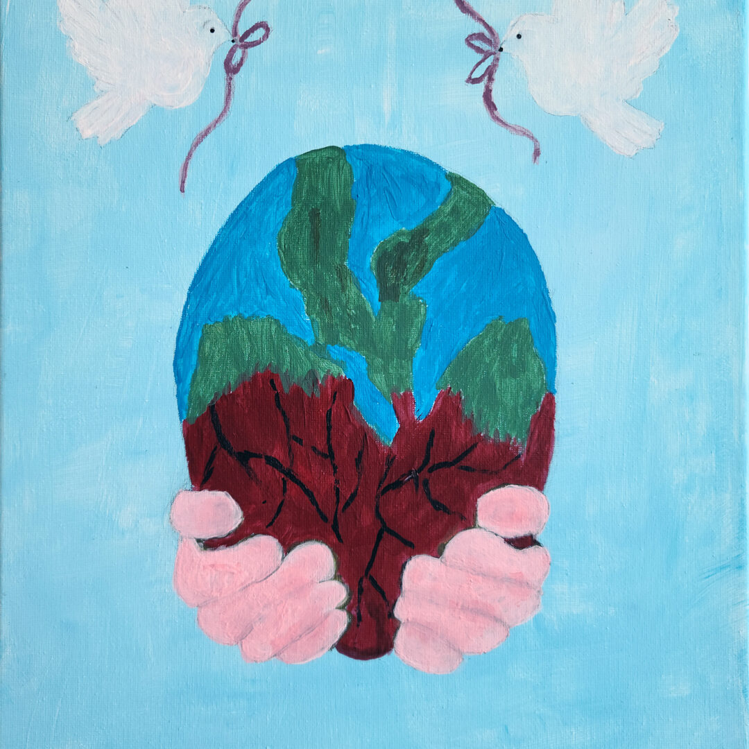 A painting of the earth meshed with a human heart held in two hands floating in the center of a light blue background. Two symmetrical doves holding ribbon in their beaks fly above.