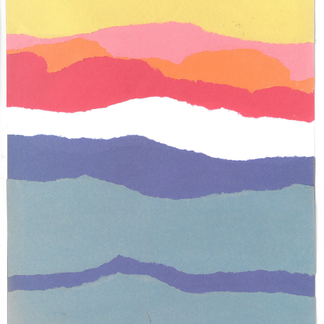 Various layers of ripped construction paper in yellow, pink, orange, red, white, and blue form a skyline resembling of a sunset over water.