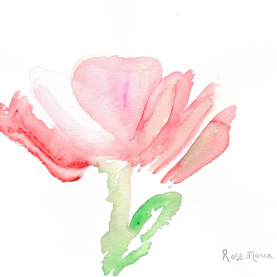 A watercolour of a rose painted in red with a green stem.