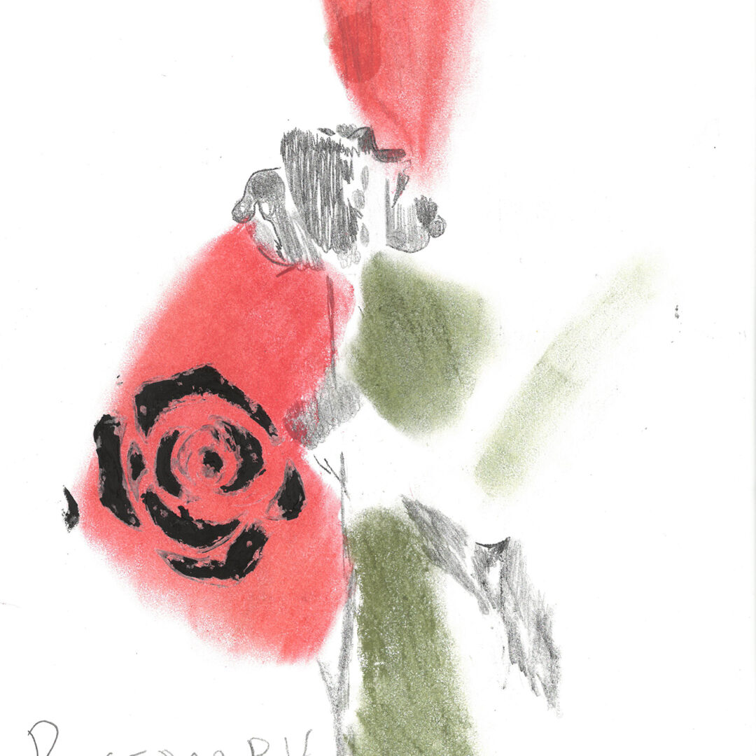 A pencil drawing of a rose is surrounded by smudges of red and green, with an imprint of a rose in black on the side.