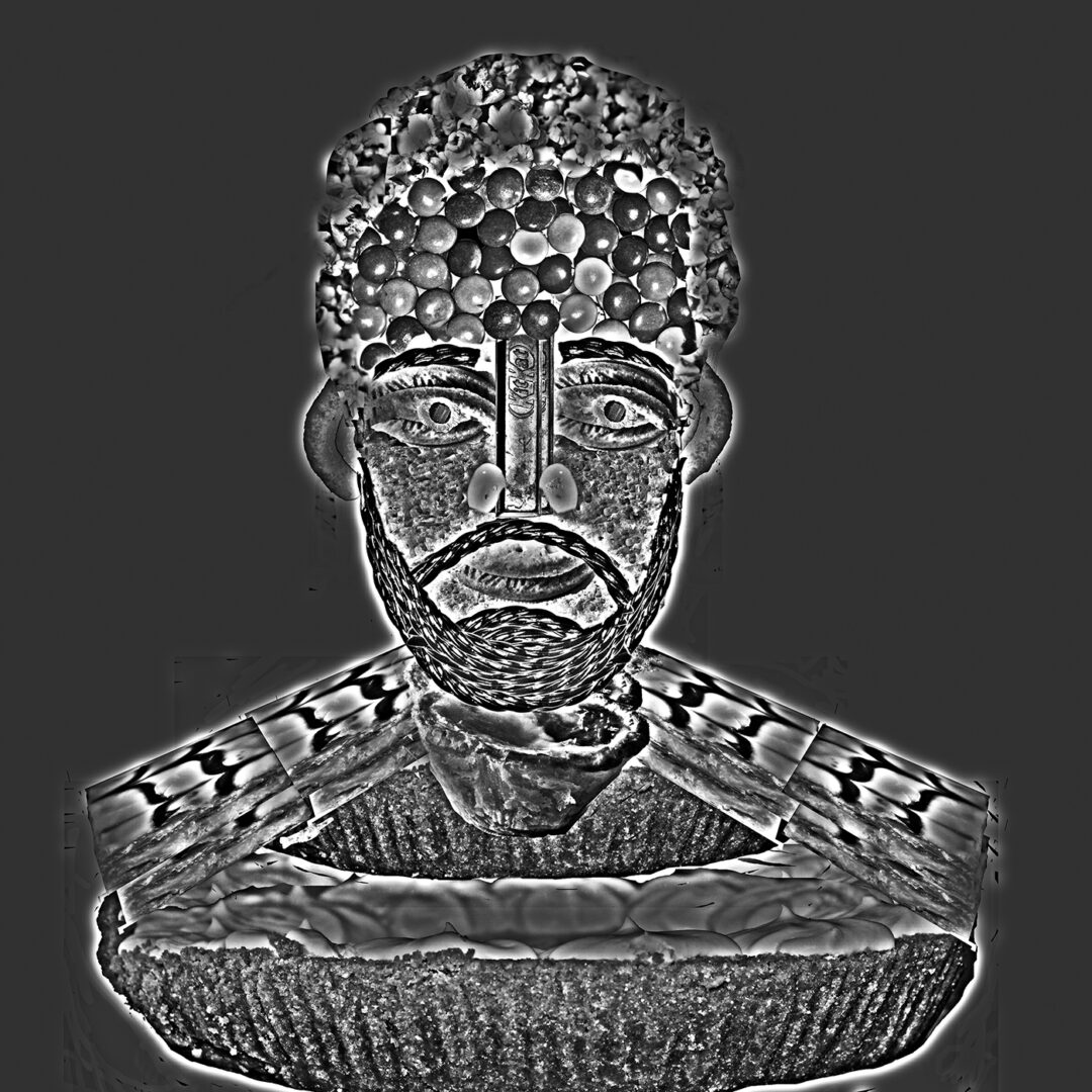 A bust of a man made from various candies and desserts in black and white.