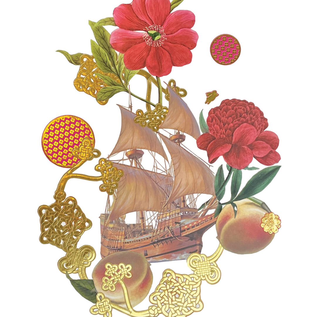 Collage of golden knots, fruit and flower surround a ship.