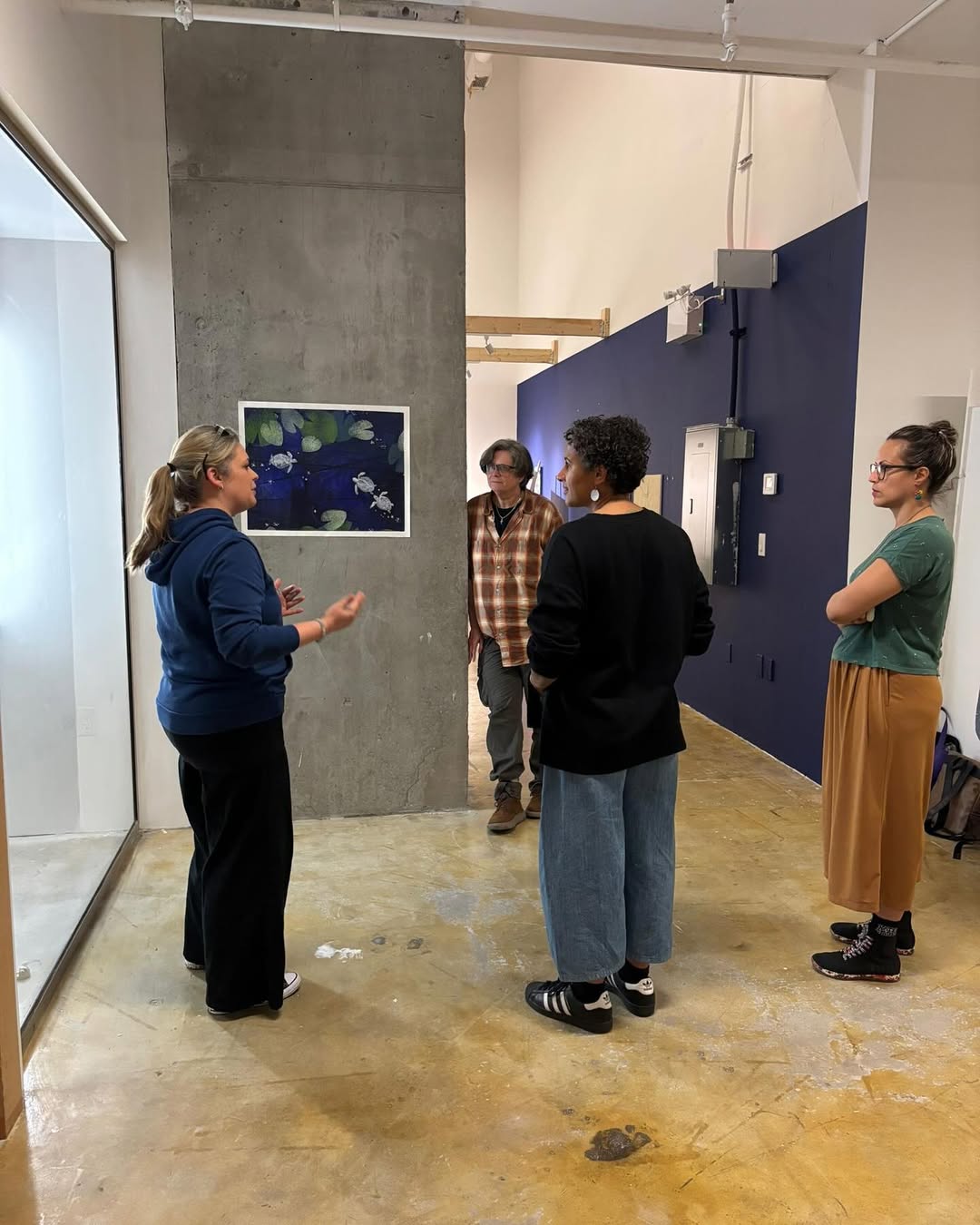 Open Studio with Liz Ikiriko, 2025. Left to right: Marie Ruisseau, Jan Swinburne, Liz Ikiriko, Fatma Hendawy.