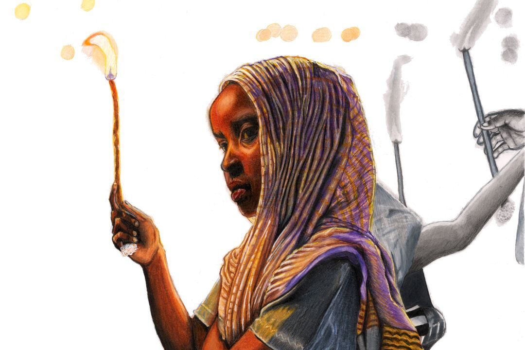 Michael Alemayehu, Meskel Demera Celebration, 2024. Coloured pencil on bristol paper. Image courtesy of the artist.